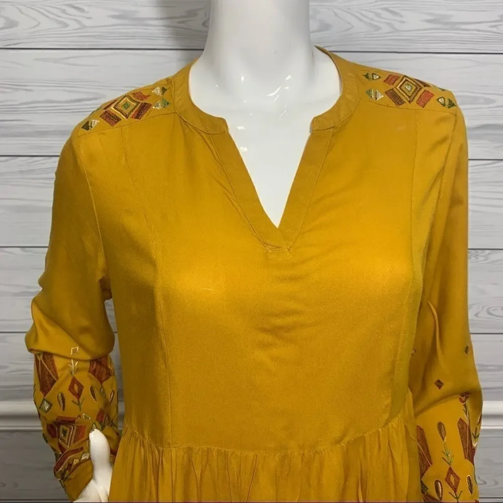 Beach Lunch Lounge Mustard Yellow Aztec Finely Embroidered Boho Dress - S‎